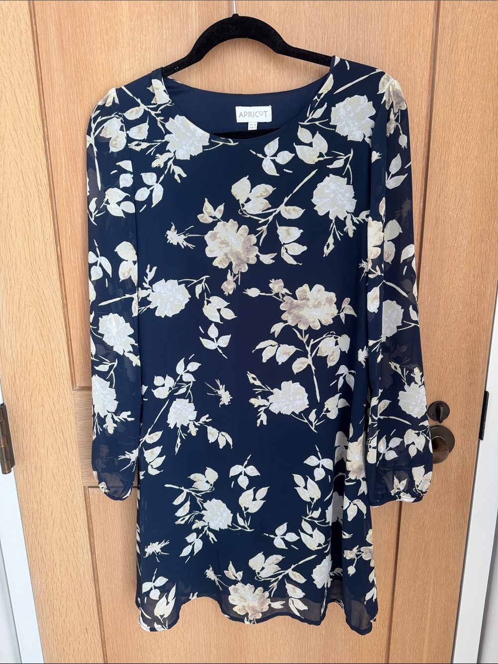 APRICOT Navy Floral Long Sleeve Shift Dress with Cream Blooms